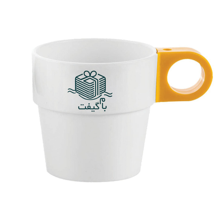 لیوان پلاستیکی تبلیغاتی سفید دسته رنگی | چاپ اختصاصی لوگو در 6 رنگ | MP003
