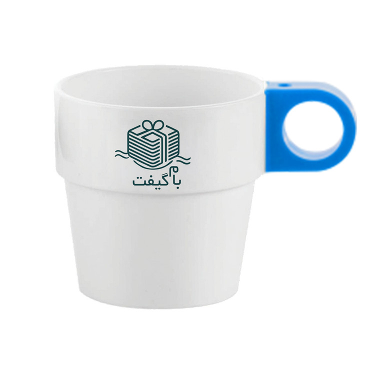 لیوان پلاستیکی تبلیغاتی سفید دسته رنگی | چاپ اختصاصی لوگو در 6 رنگ | MP003