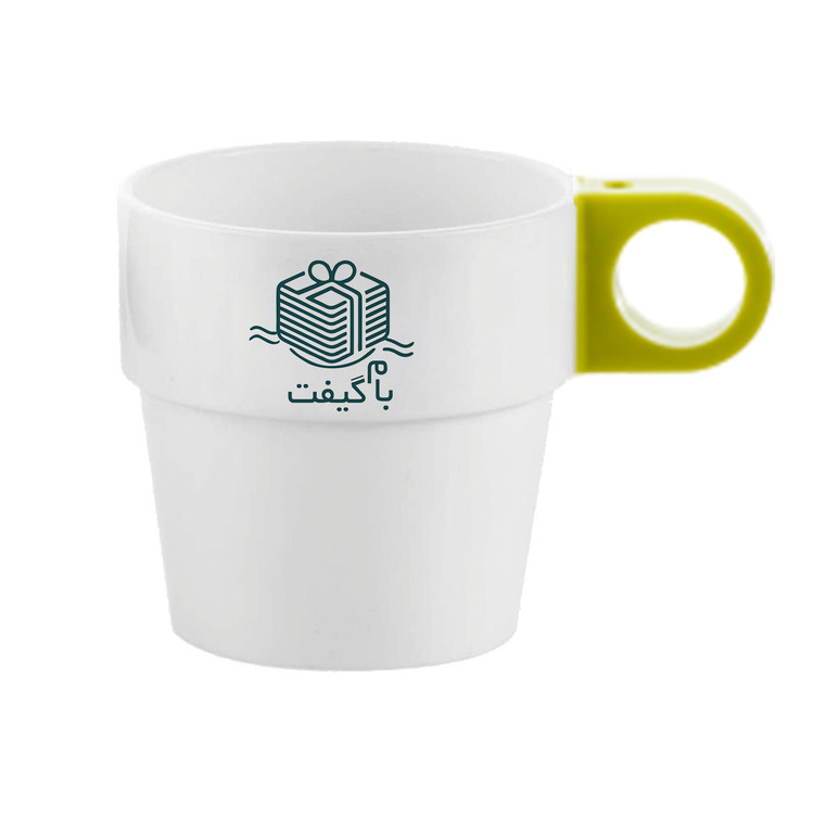لیوان پلاستیکی تبلیغاتی سفید دسته رنگی | چاپ اختصاصی لوگو در 6 رنگ | MP003